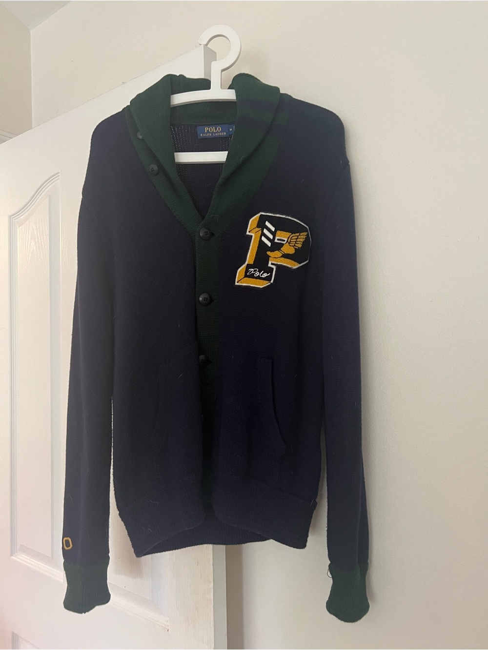 Ralph Lauren Navy & Green Wool Shawl-Collar Letterman Cardigan